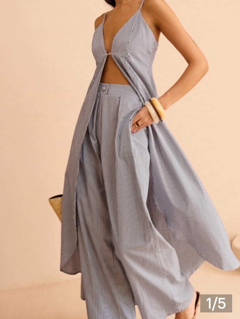 Commense Striped Cami Top & Wide-Leg Pants Set - Light Blue
